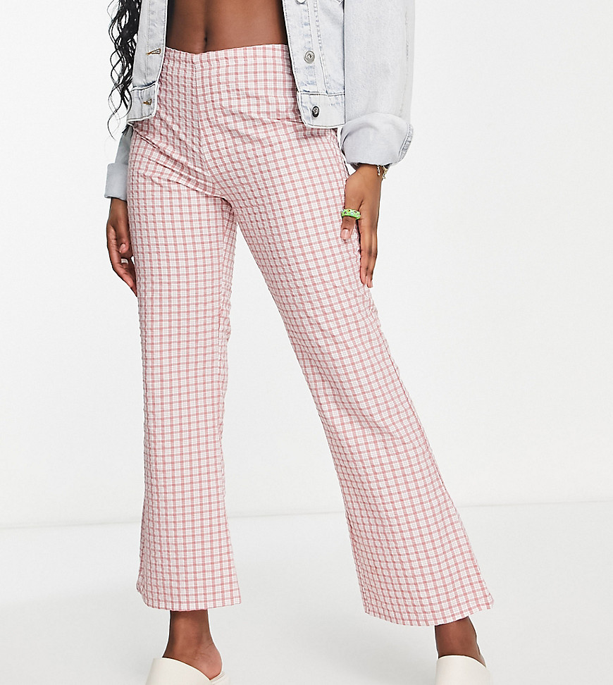 ASOS DESIGN Petite casual flare trousers in pink check-Multi