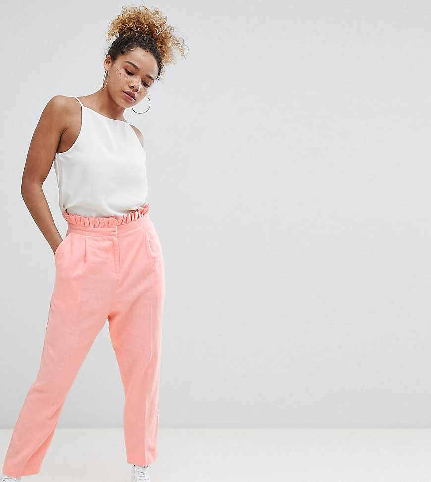 ASOS Design Petite- casual linnen broek met ruche aan de taille-Roze