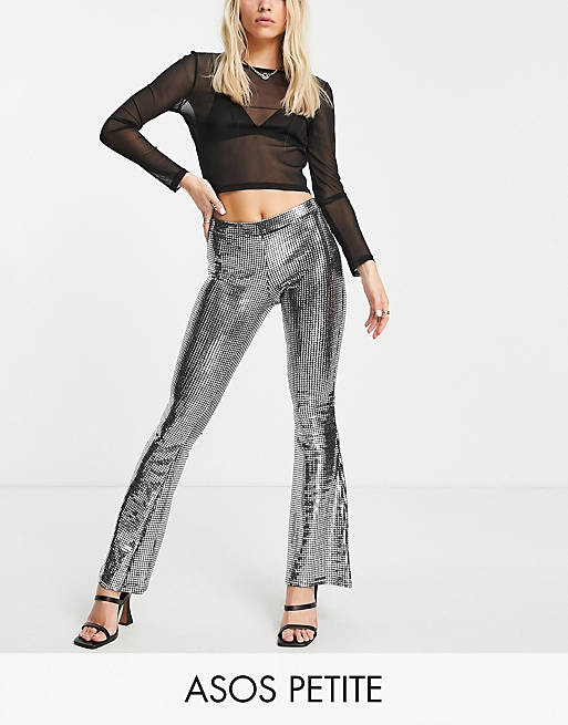 Women Petite chainmail sequin slim flare trouser in silver 