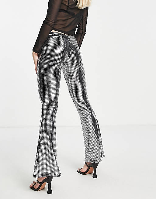 Women Petite chainmail sequin slim flare trouser in silver 