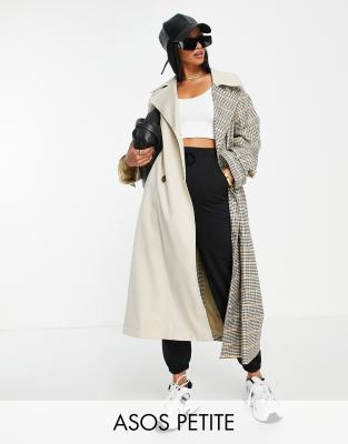 ASOS DESIGN Petite check spliced trench coat in stone