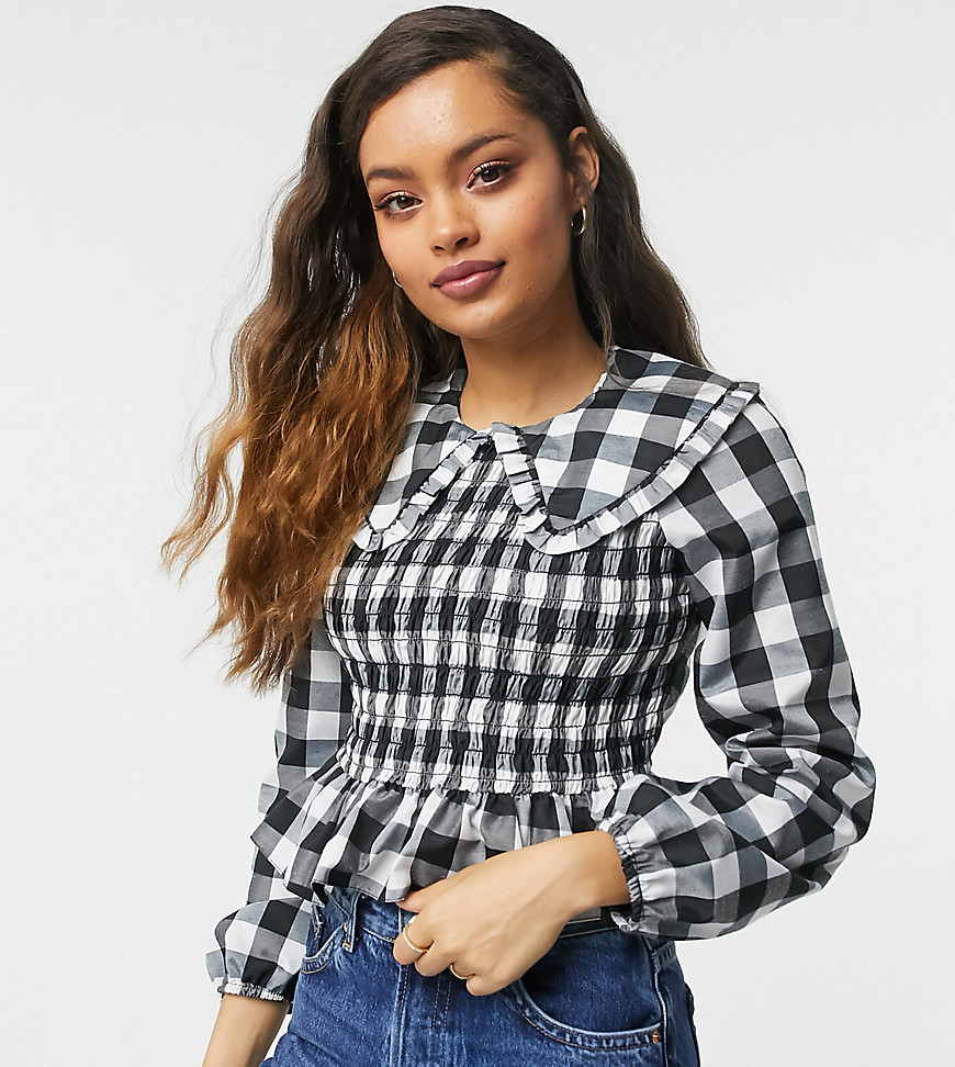 ASOS DESIGN Petite check top with shirring and ruffle collar in black and white