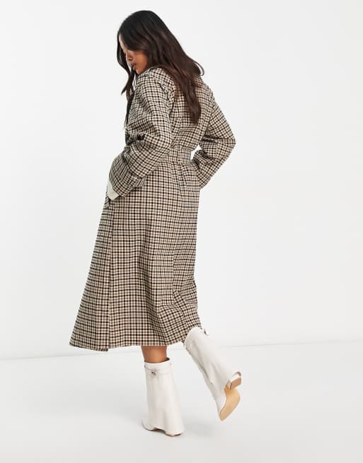 ASOS DESIGN Petite check trench coat in brown