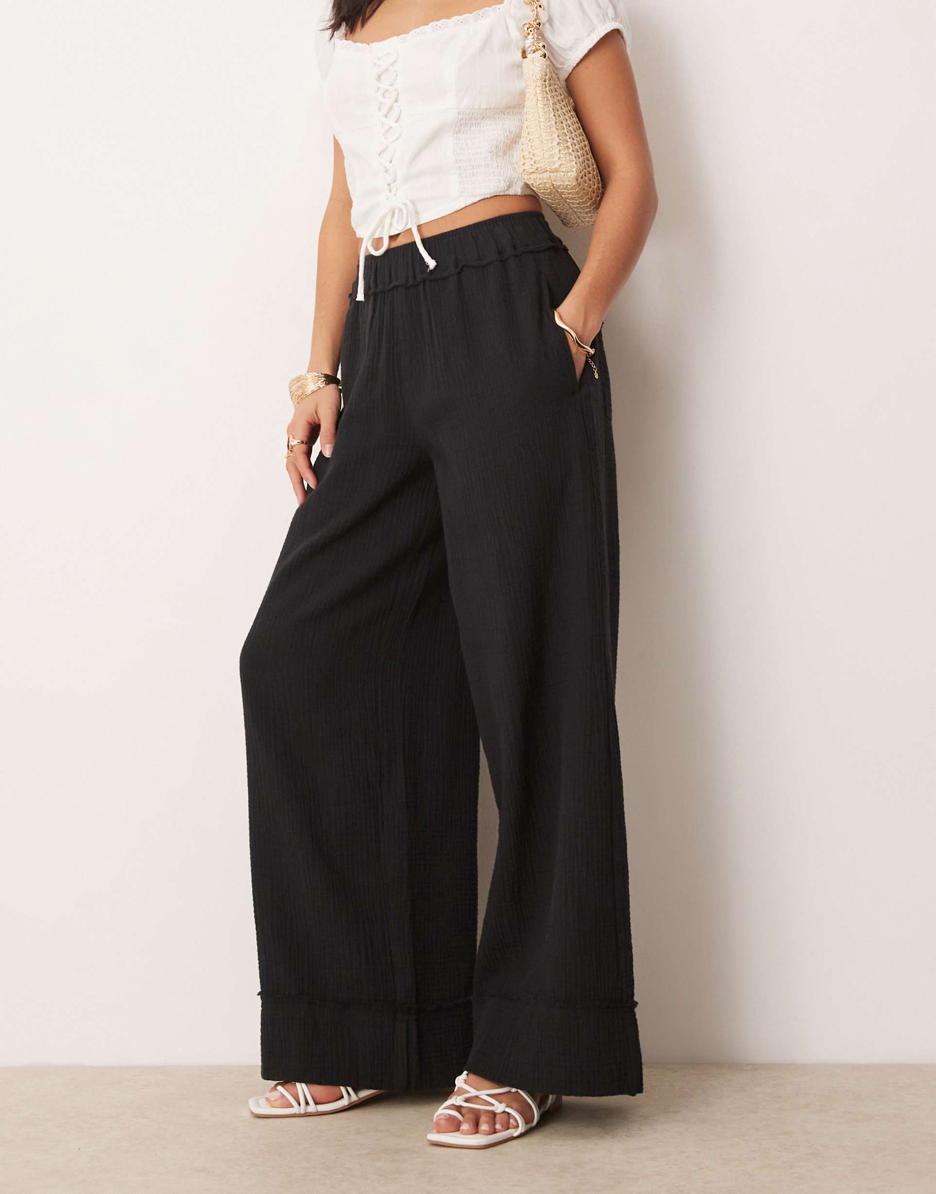 asos design petite cheesecloth pull on pants in black