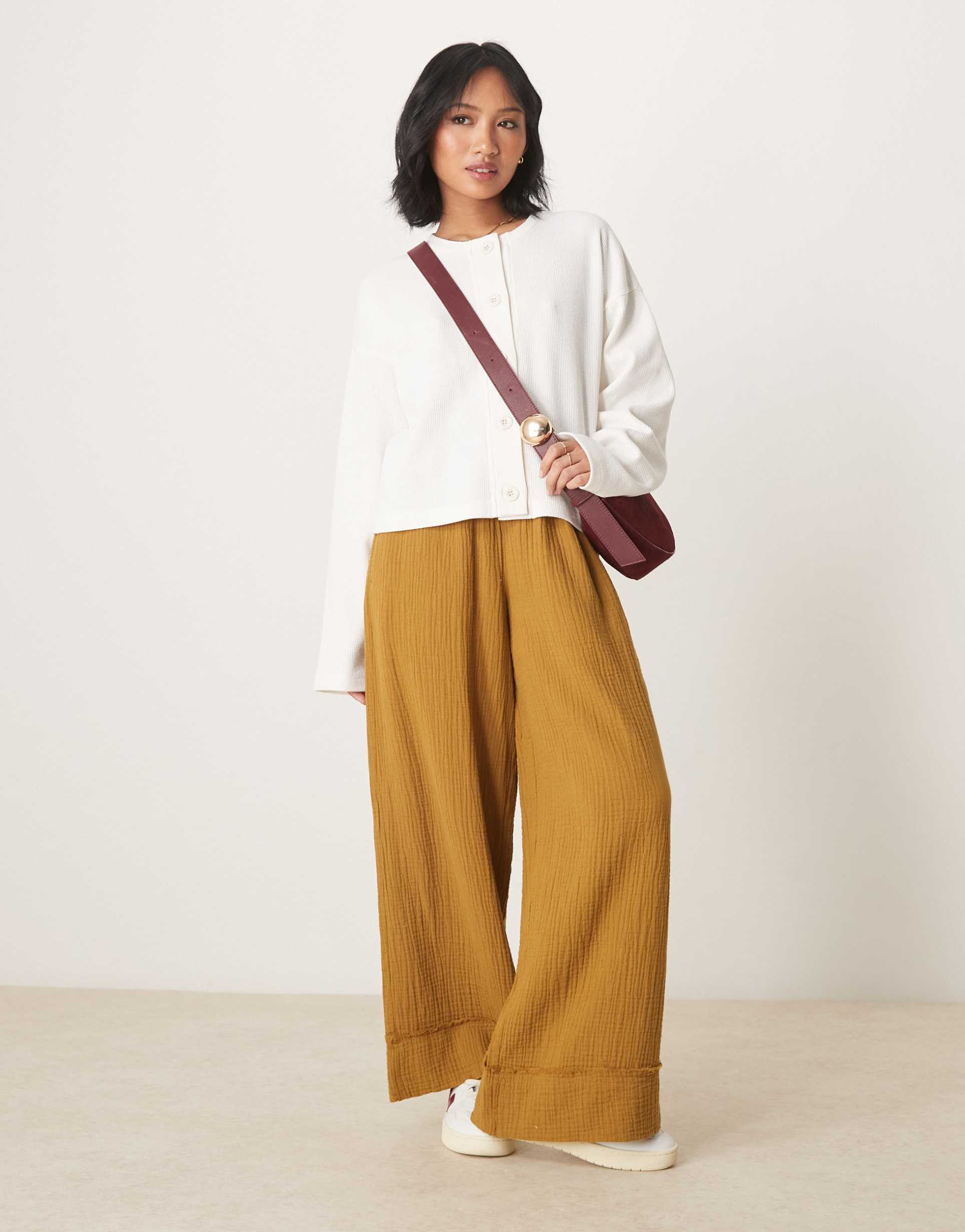 asos design petite cheesecloth pull on pants in olive