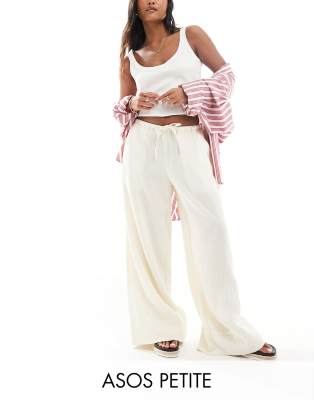 Asos Design Petite Cheesecloth Tie Waist Pants In Ecru-white