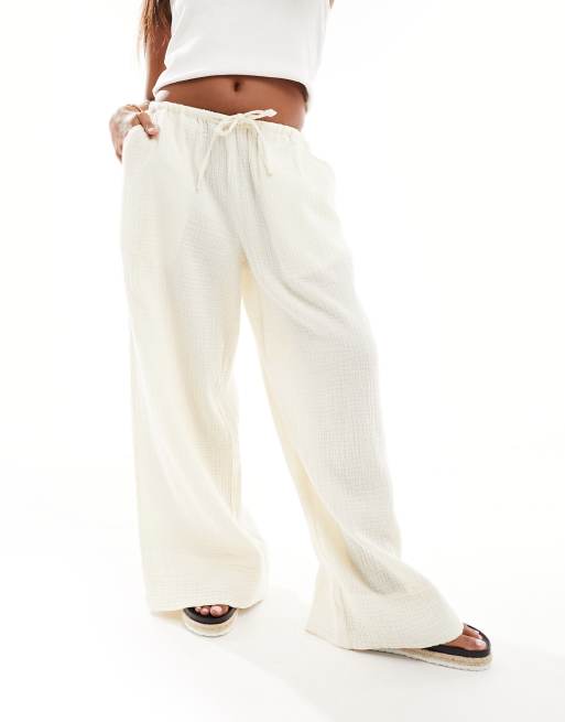 Cream Textured Cheesecloth Drawstring Waist Pant