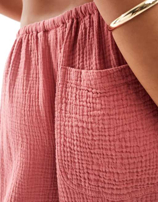ASOS DESIGN Petite cheesecloth tie waist trouser in terracotta, 3 of 5