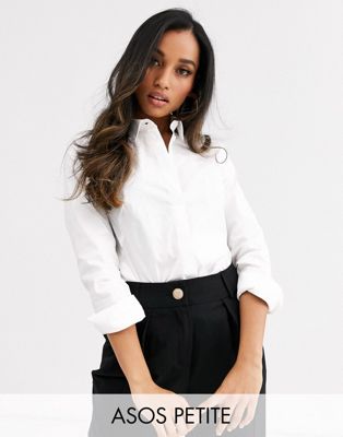 Femme DESIGN Petite - Chemise ajustée à manches longues en coton stretch - Blanc