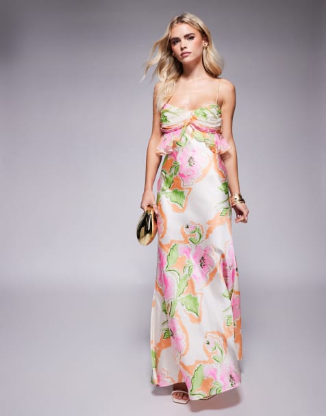 ASOS DESIGN Petite chiffon bust satin cami maxi dress in pink floral print - view 1