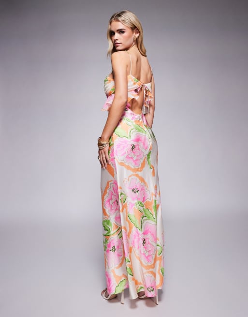 ASOS DESIGN Petite chiffon bust satin cami maxi dress in pink floral print 