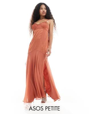 ASOS DESIGN Petite chiffon corset detail satin bias maxi dress with cut out in light rust-Orange