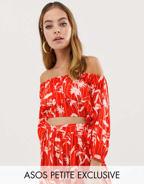 ASOS DESIGN Petite chiffon flamenco floral stripe print beach bardot top co-ord