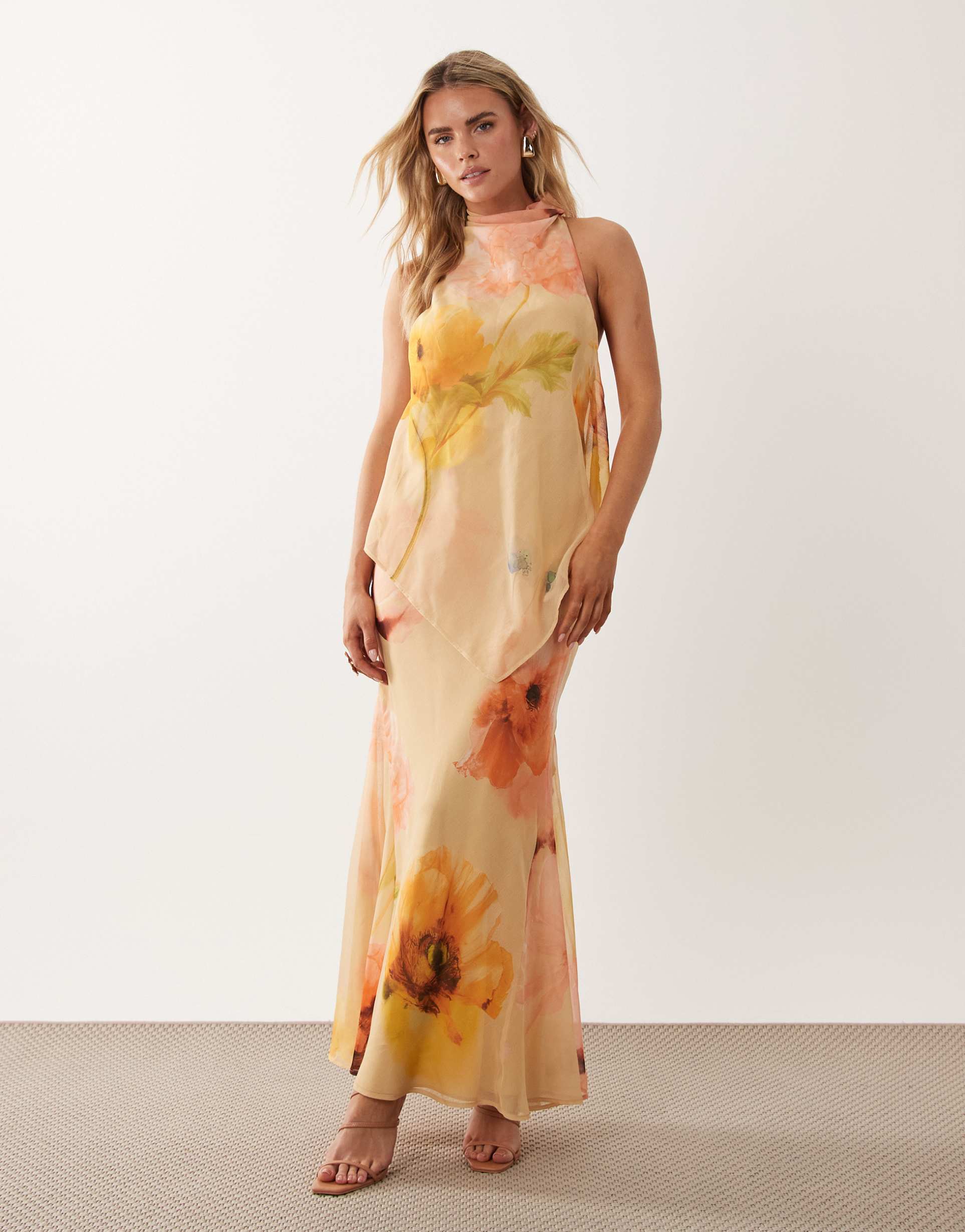 asos design petite chiffon high neck double layer maxi dress in orange floral print