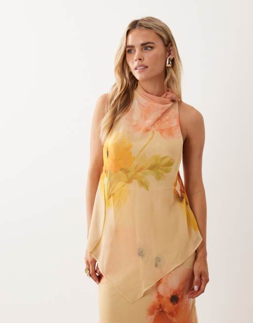 ASOS DESIGN Petite chiffon high neck double layer maxi dress in orange floral print, 2 of 4