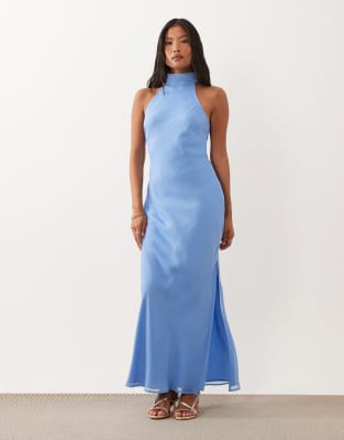 Asos Petite Asos Design Petite Chiffon High Neck Midaxi Dress In Blue