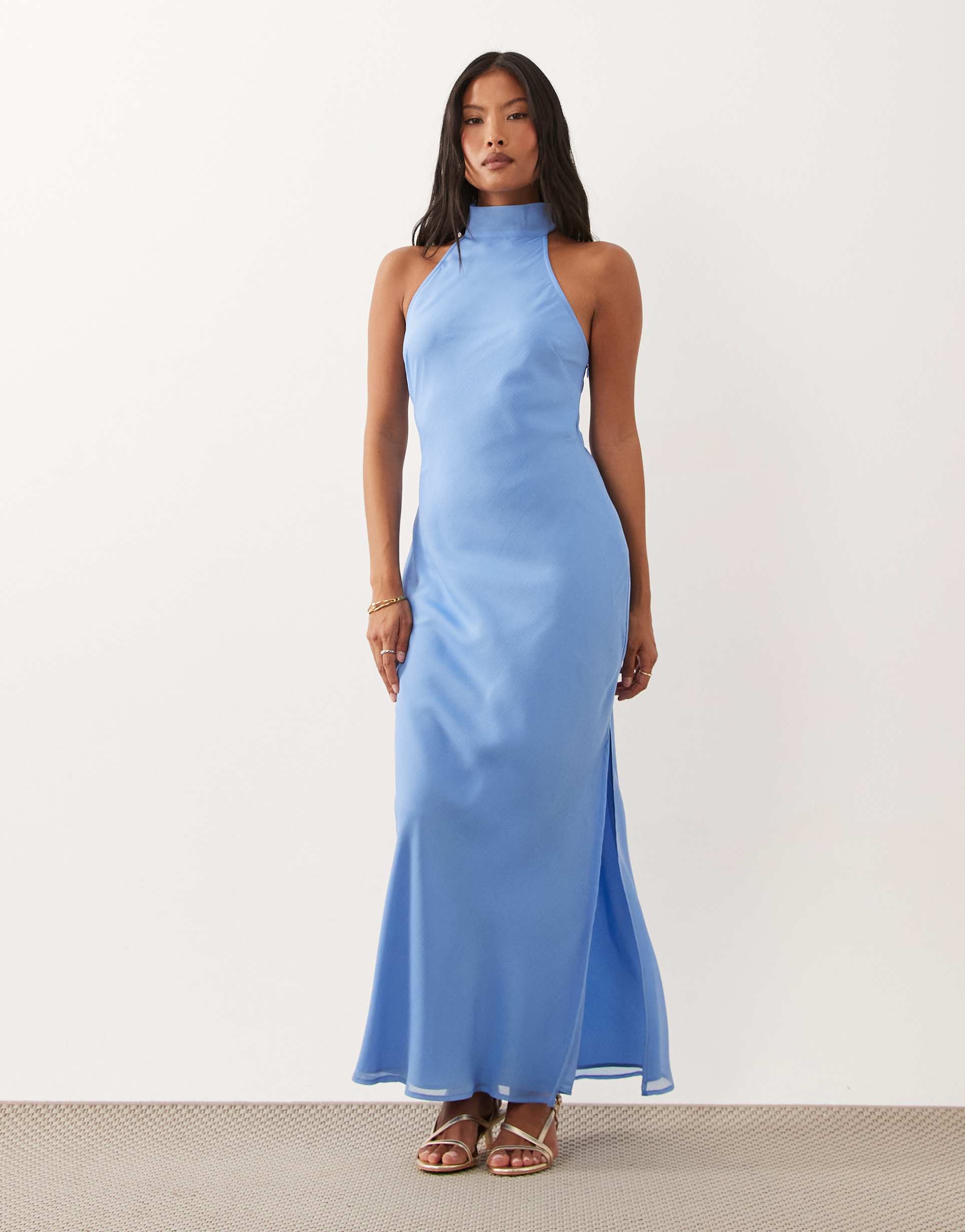 asos design petite chiffon high neck midaxi dress in light blue