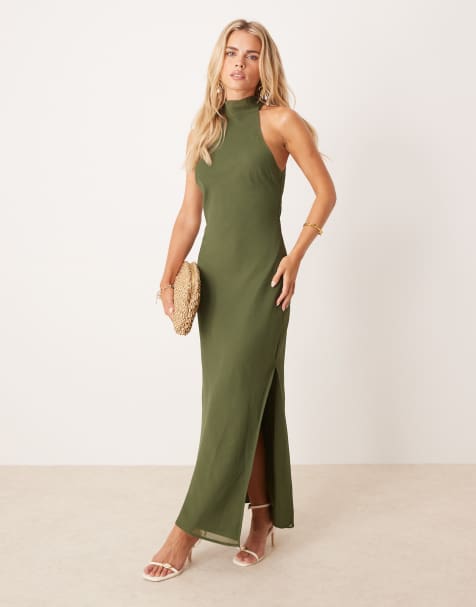 ASOS DESIGN Petite chiffon high neck midi dress in olive - view 1