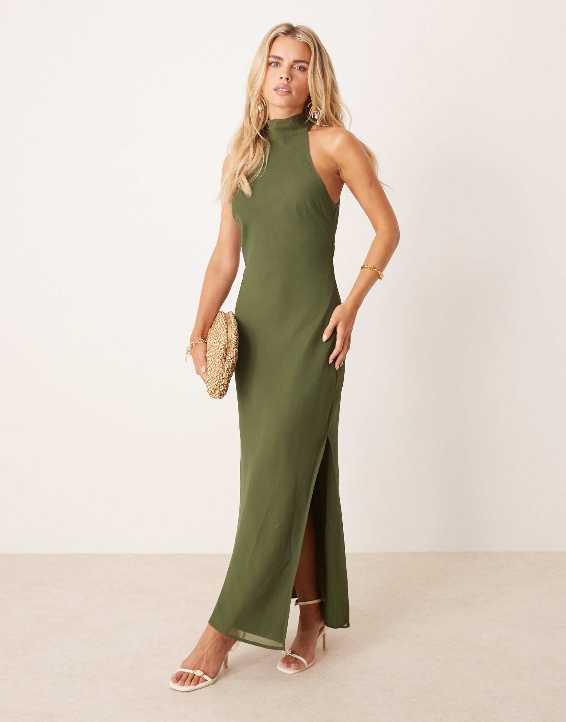 asos design petite chiffon high neck midi dress in olive