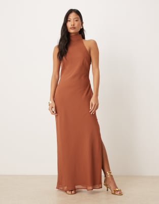 Asos Petite Asos Design Petite Chiffon High Neck Midi Dress In Orange