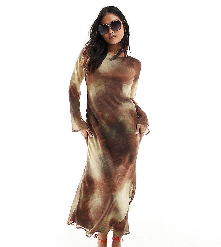 Asos Petite Asos Design Petite Chiffon Long Sleeve Midi Dress In Chocolate Blur Print-multi