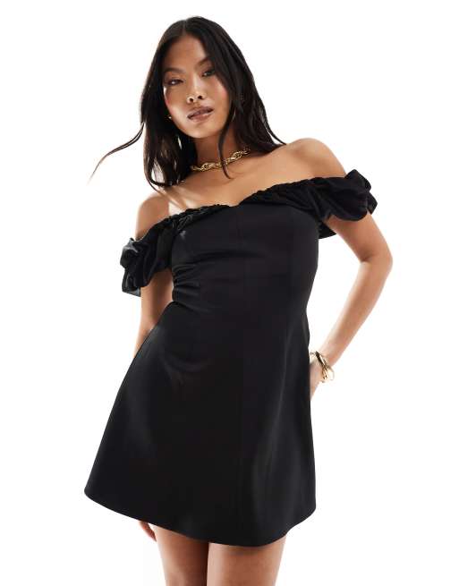 ASOS DESIGN Petite chiffon mix bardot mini dress in black