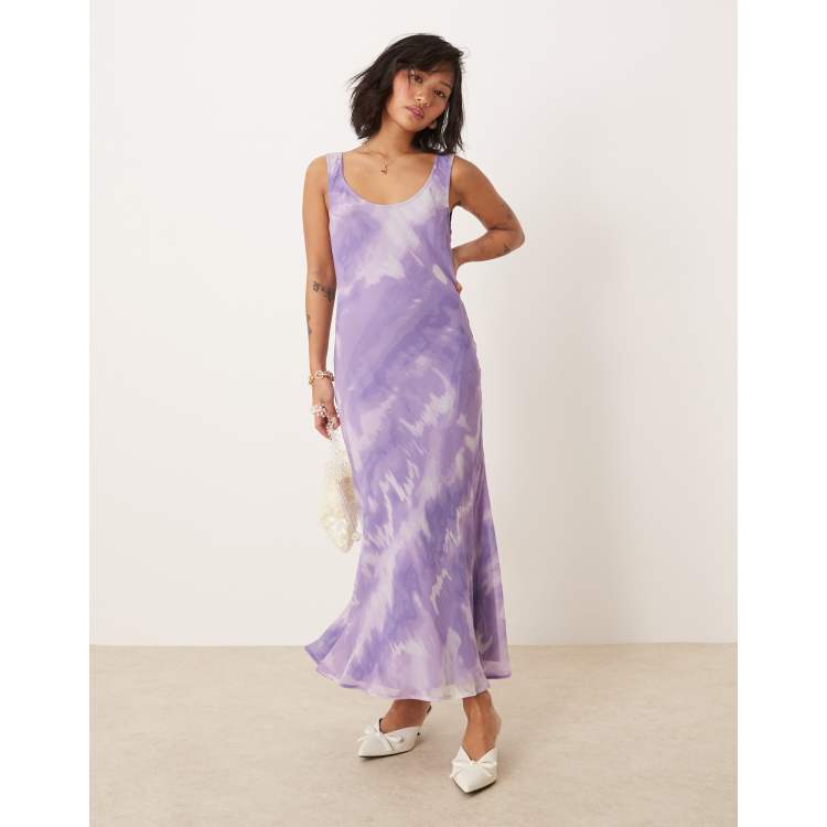 purple tie dress ASOS DESIGN Petite chiffon scoop neck midi slip dress in purple tie dye  print