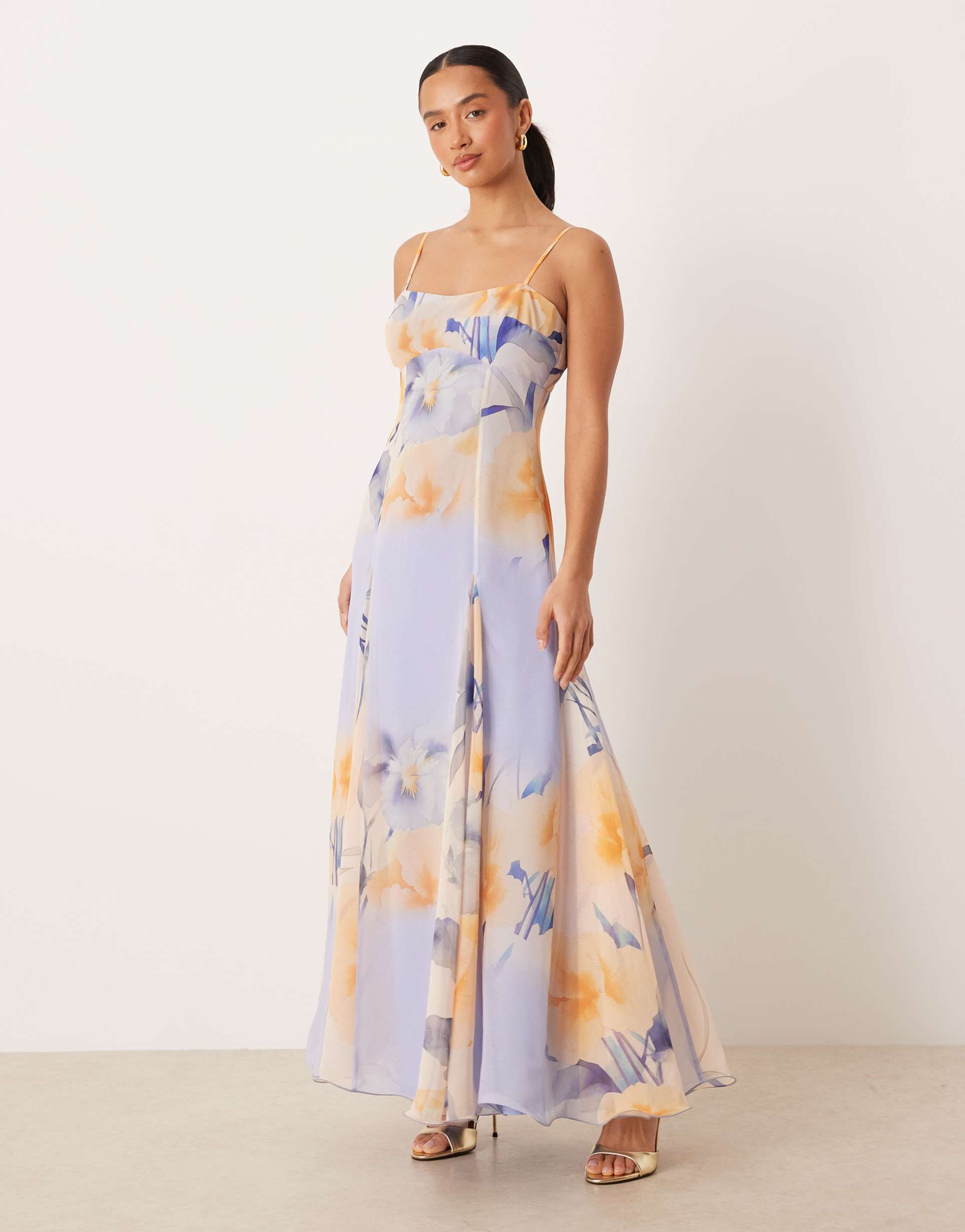 asos design petite chiffon strappy maxi dress with deep godets in orange and purple floral