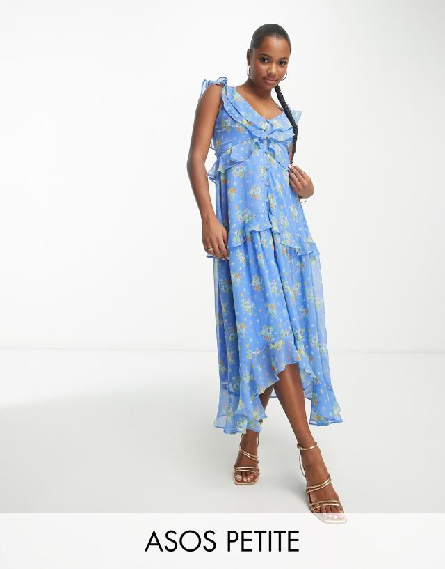 ASOS DESIGN Petite chiffon v neck frill midi tea dress with button placket in ditsy floral