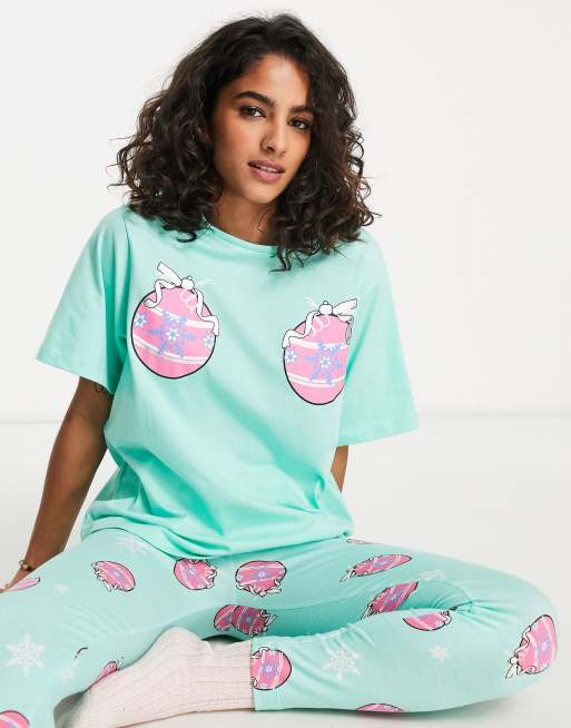 ASOS DESIGN Petite Christmas bauble boob oversized tee leggings pajama set in mint