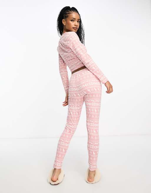 ASOS DESIGN Petite Christmas fair isle glam long sleeve top & leggings  pyjama set in pink