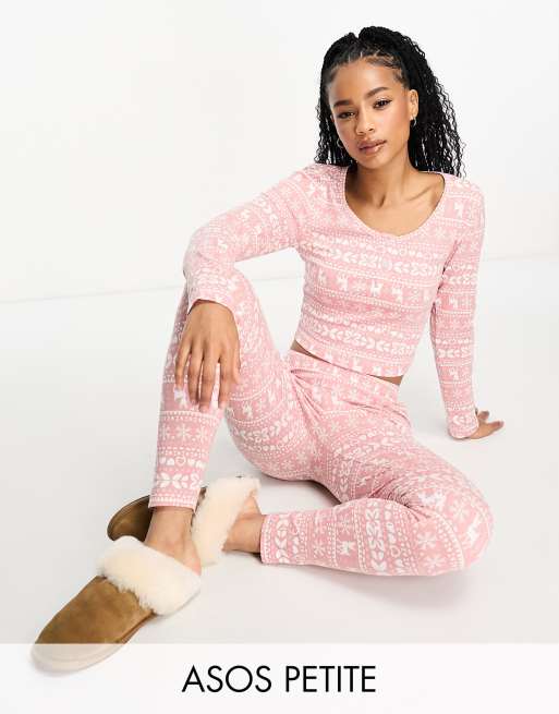 ASOS DESIGN Petite Christmas fairisle glam long sleeve top & legging pajama  set in pink