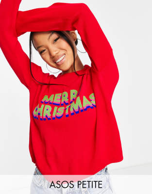 ASOS DESIGN Petite Christmas jumper with Merry Christmas logo in red