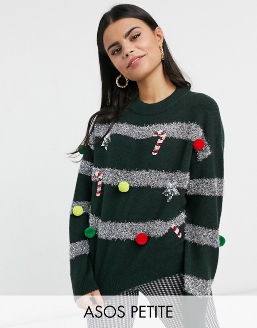 ASOS DESIGN Petite Christmas jumper with tinsel and baubles in green