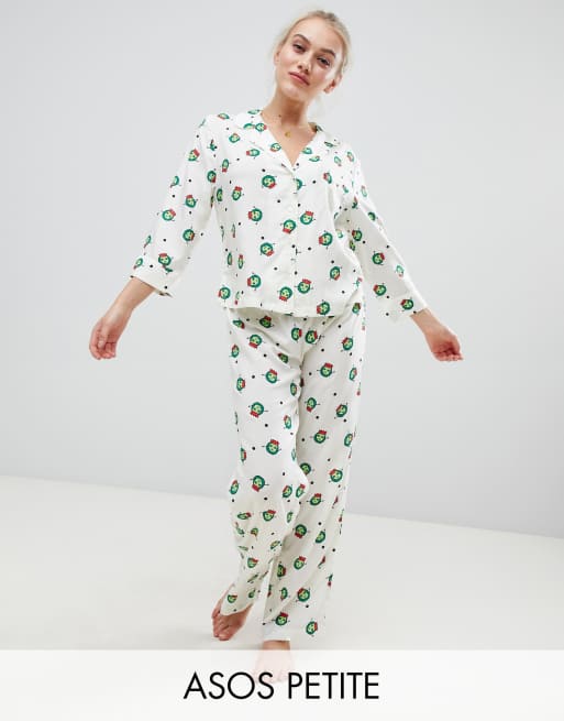 ASOS DESIGN Petite christmas sprout traditional shirt and trouser pyjama set in 100 modal