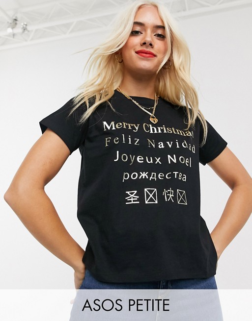 ASOS DESIGN Petite Christmas t-shirt with Merry Christmas translation in foil print