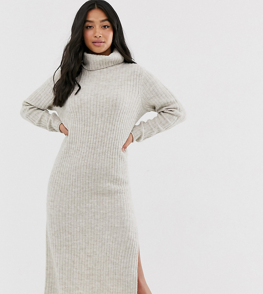 ASOS DESIGN Petite chunky midi dress with side split in recycled blend-Stone
