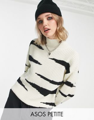 Asos Petite Asos Design Petite Chunky Sweater With High Neck In Animal Stripe Pattern-white