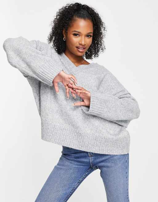 ASOS DESIGN Petite chunky v neck jumper in grey