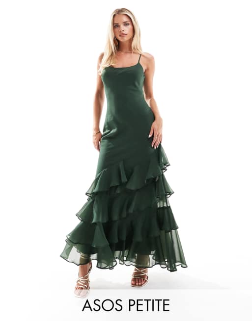 ASOS DESIGN Petite – Ciemnozielona sukienka maxi ze skosu z okrągłym dekoltem i falbanką u dołu