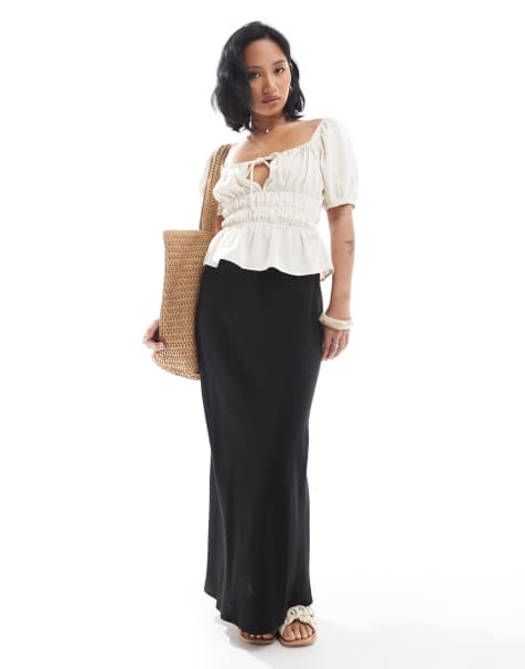 ASOS DESIGN Petite linen blend bias maxi skirt in black