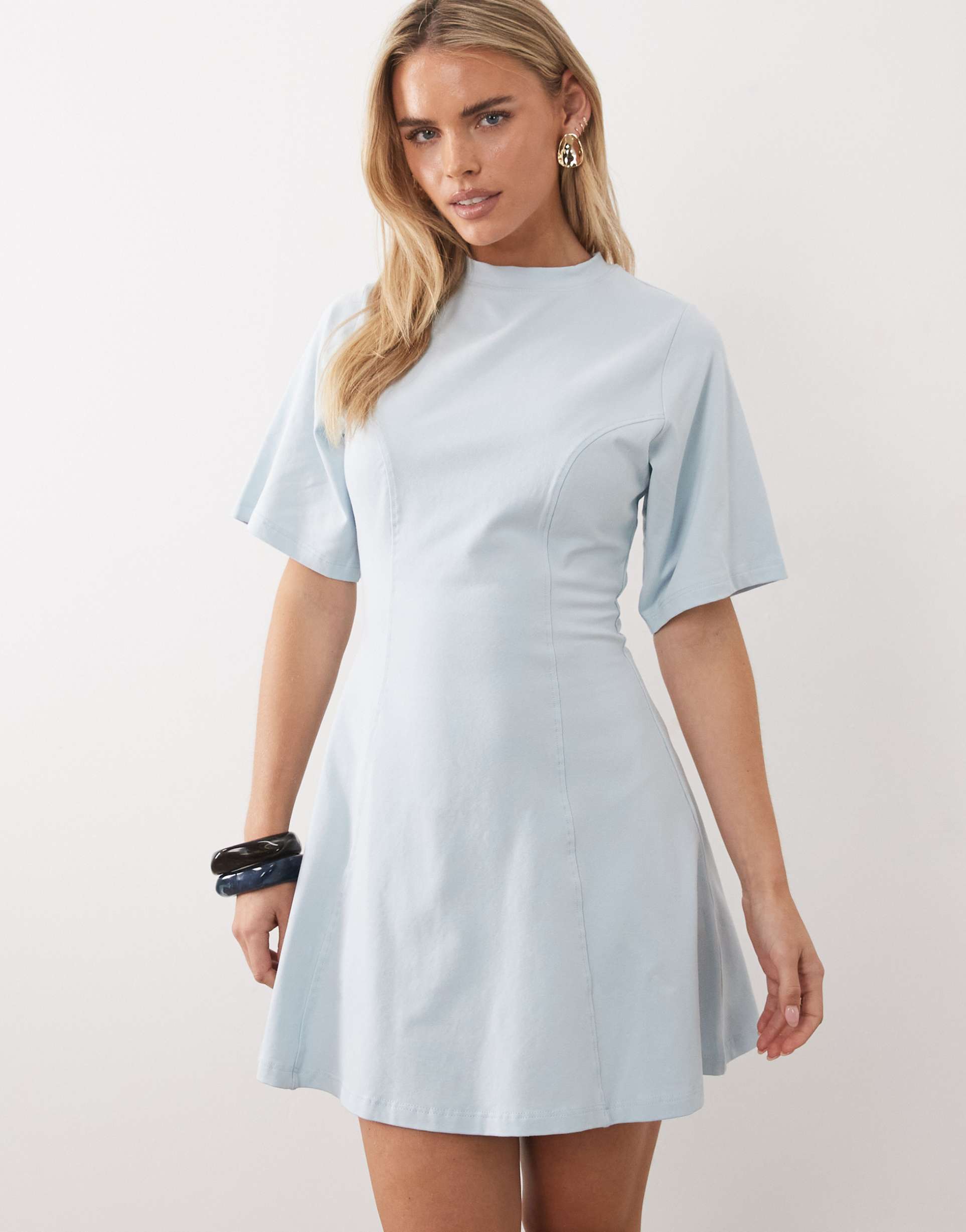 asos design petite cinched seam detailing mini dress in light blue