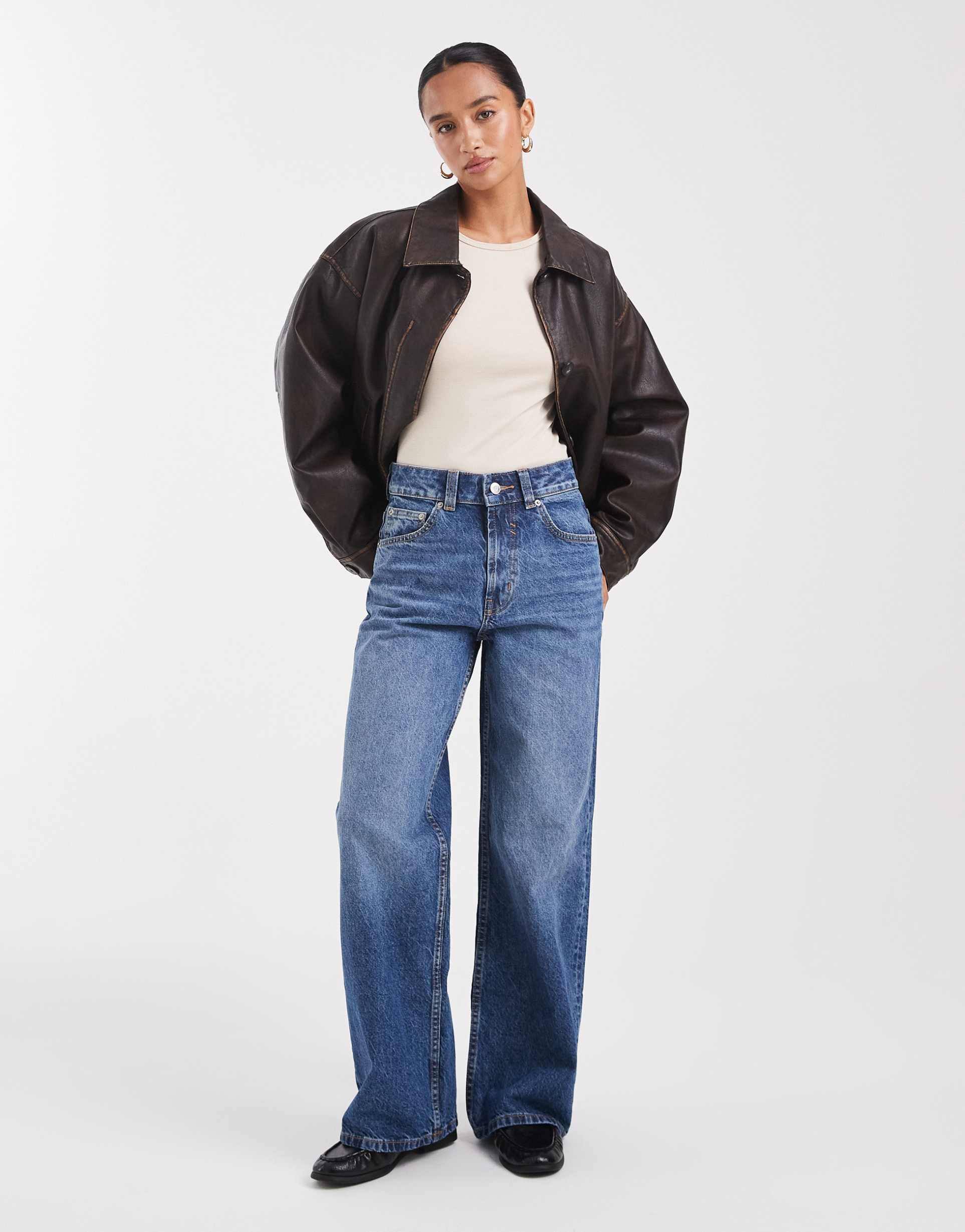 asos design petite circular design collection wide leg dad jeans in mid blue