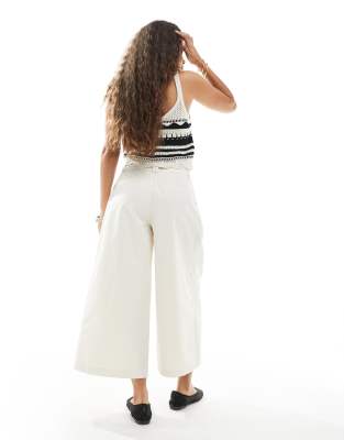 Asos Design Petite Clean Cotton Cropped Wide Leg Pants With Seam Detail In White