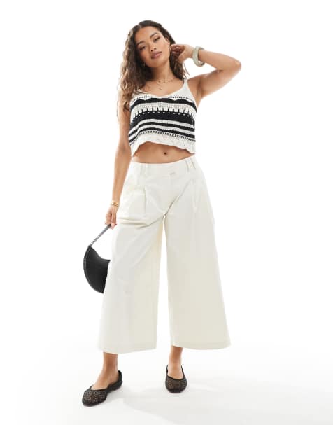 ASOS DESIGN Petite clean cotton cropped wide leg trousers with seam detail in cream - view 1