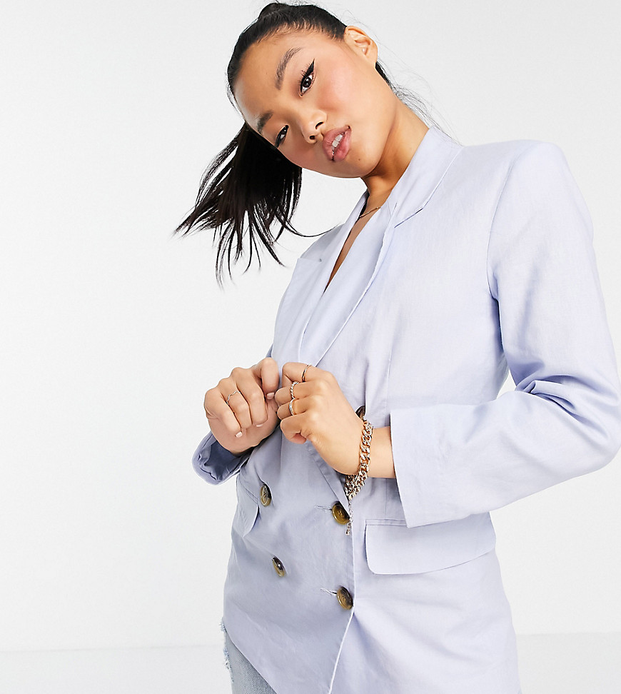 Asos Design Petite Clean Double Breasted Linen Suit Blazer In Blue