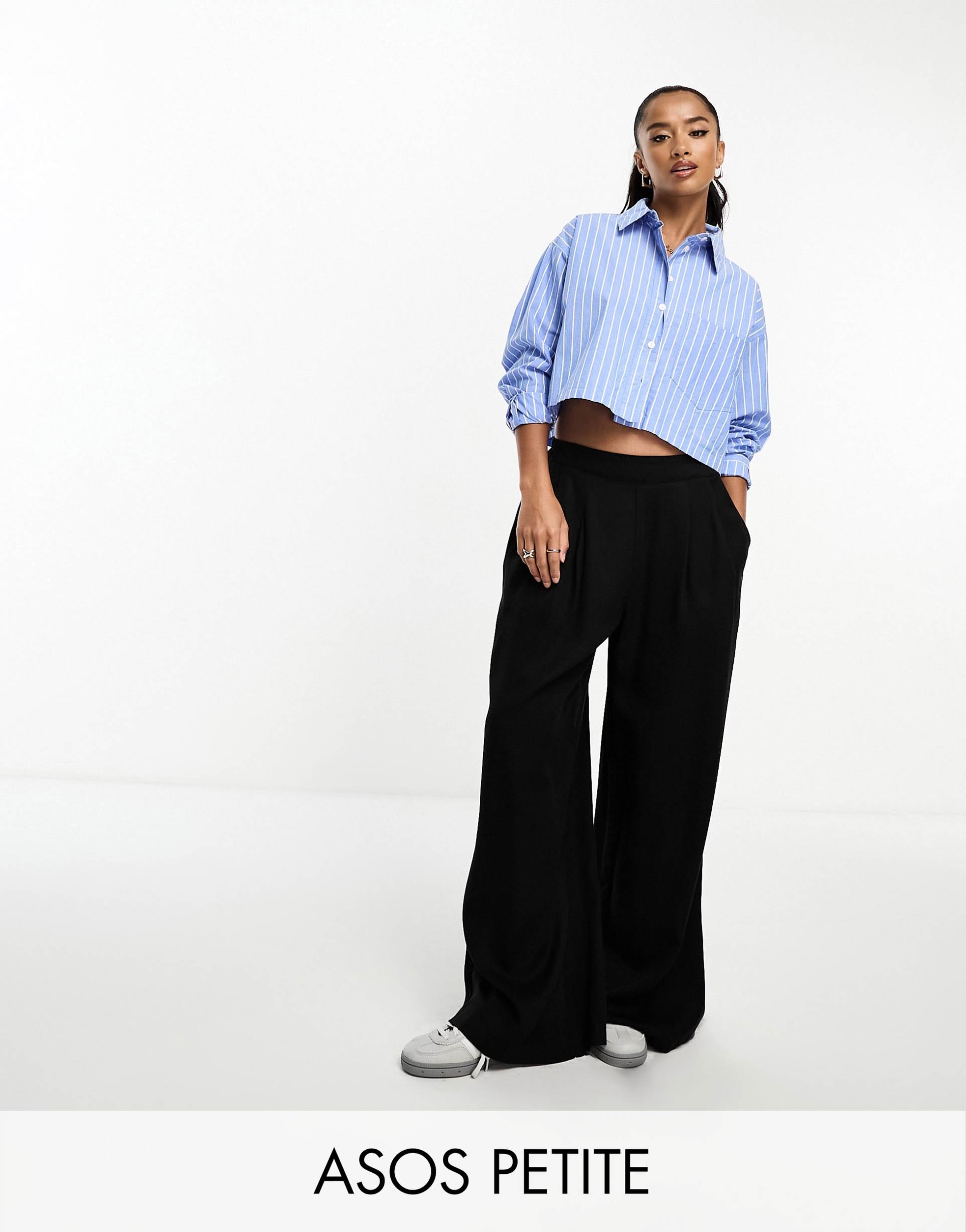 asos design petite clean front wide leg pants in black