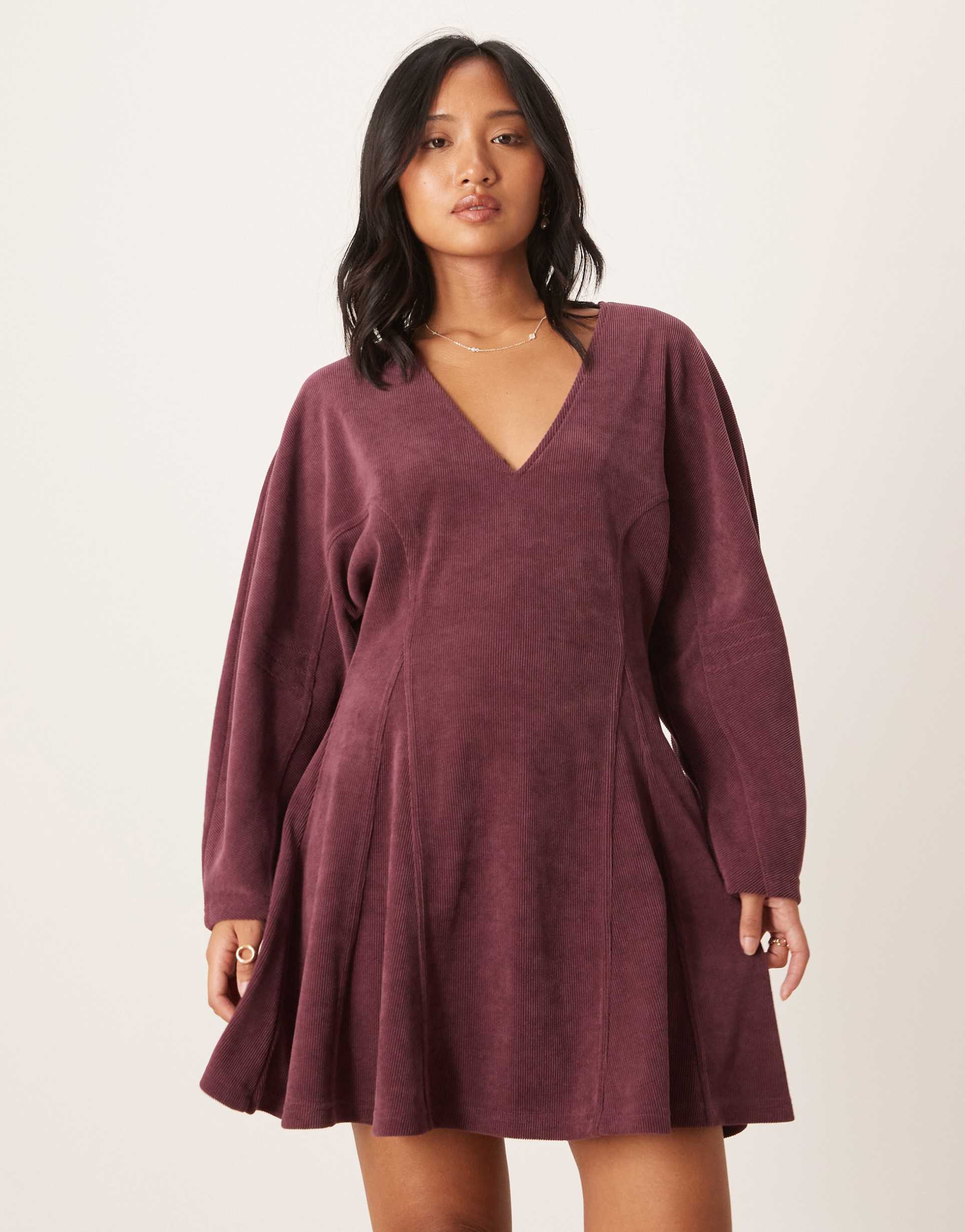 asos design petite cocoon sleeve cord mini dress in wine