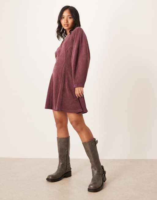 ASOS DESIGN Petite cocoon sleeve cord mini dress in wine, 2 of 4