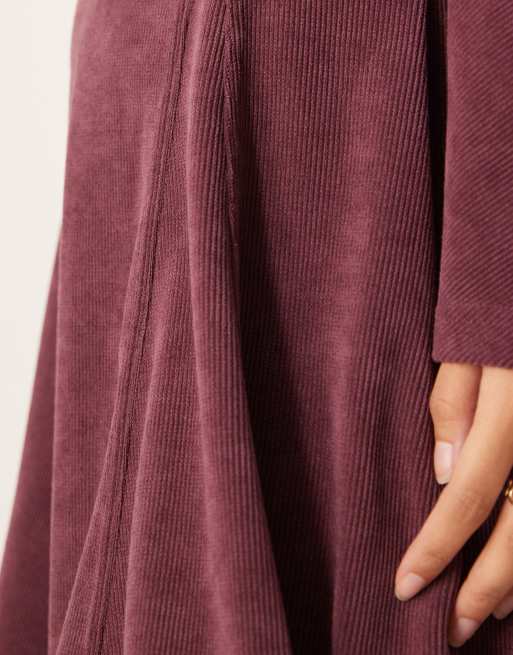 ASOS DESIGN Petite cocoon sleeve cord mini dress in wine, 3 of 4